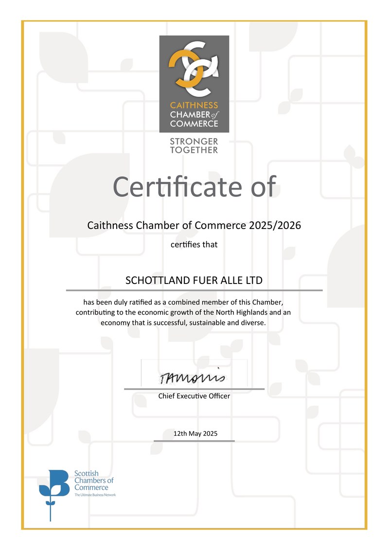Zertifikat der Caithness Chamber of Commerce 2025/2026, ratifiziert am 12. Mai 2025 für Schottland Fuer Alle Ltd, unterzeichnet vom Chief Executive Officer
