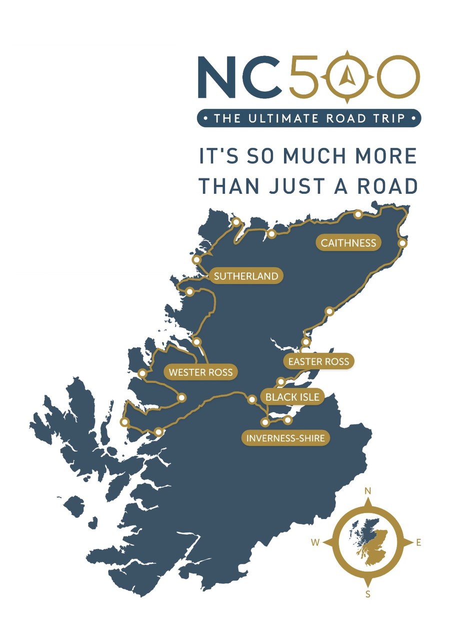 Karte der North Coast 500 mit den fünf Regionen Caithness, Sutherland, Wester Ross, Easter Ross, Black Isle und Inverness-Shire